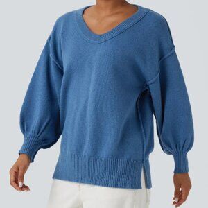 Halara V-Neck Dropped Shoulder Long Sleeve Split Casual Sweater – High Tide